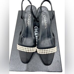 Authentic CHANEL Black Heels with Pearl Accents